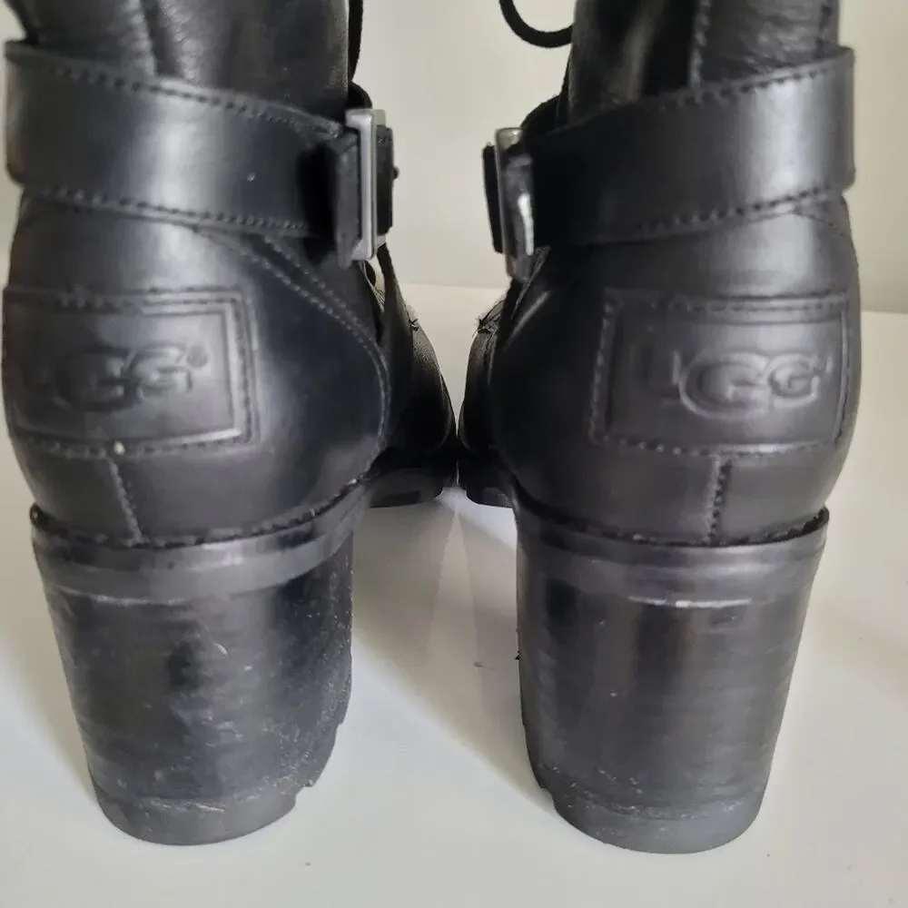 UGG Ingrid Black Leather Shearling Lug Sole Moto Combat Boots Size 7